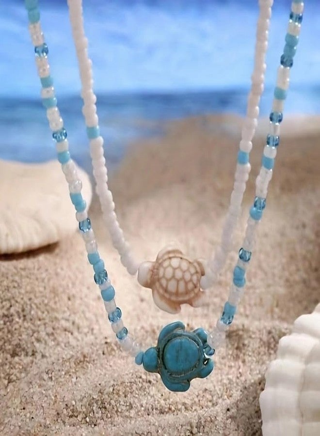 MarveBard Colorful Beaded Choker Necklace for Women Bohemian Starfish Turtle Shell Layered Necklace Handmade Adjustable Colorful Rice Beads Charm Choker Necklace Boho Beach Summer Ocean Hawaii Jewelry (Turtle) - Image 3